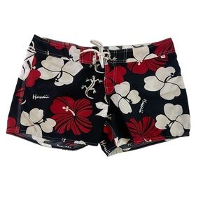 Shay Bouvier Red, Black & White Hibiscus Lizard Surf Shorts